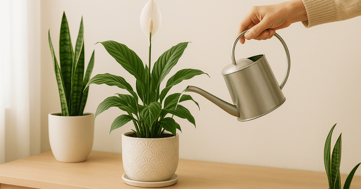 How to water houseplants properly – hand watering a peace lily in a ceramic pot with drainage, snake plant nearby, bright minimalist living room