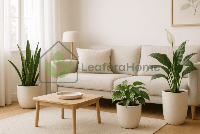 Living room with snake plant, pothos and peace lily - three easy indoor plants for beginners in a modern home.